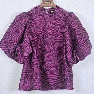 THML Psychedelic Swirl Puff Sleeve Blouse Mock Neck Barbiecore Top Sz.Large